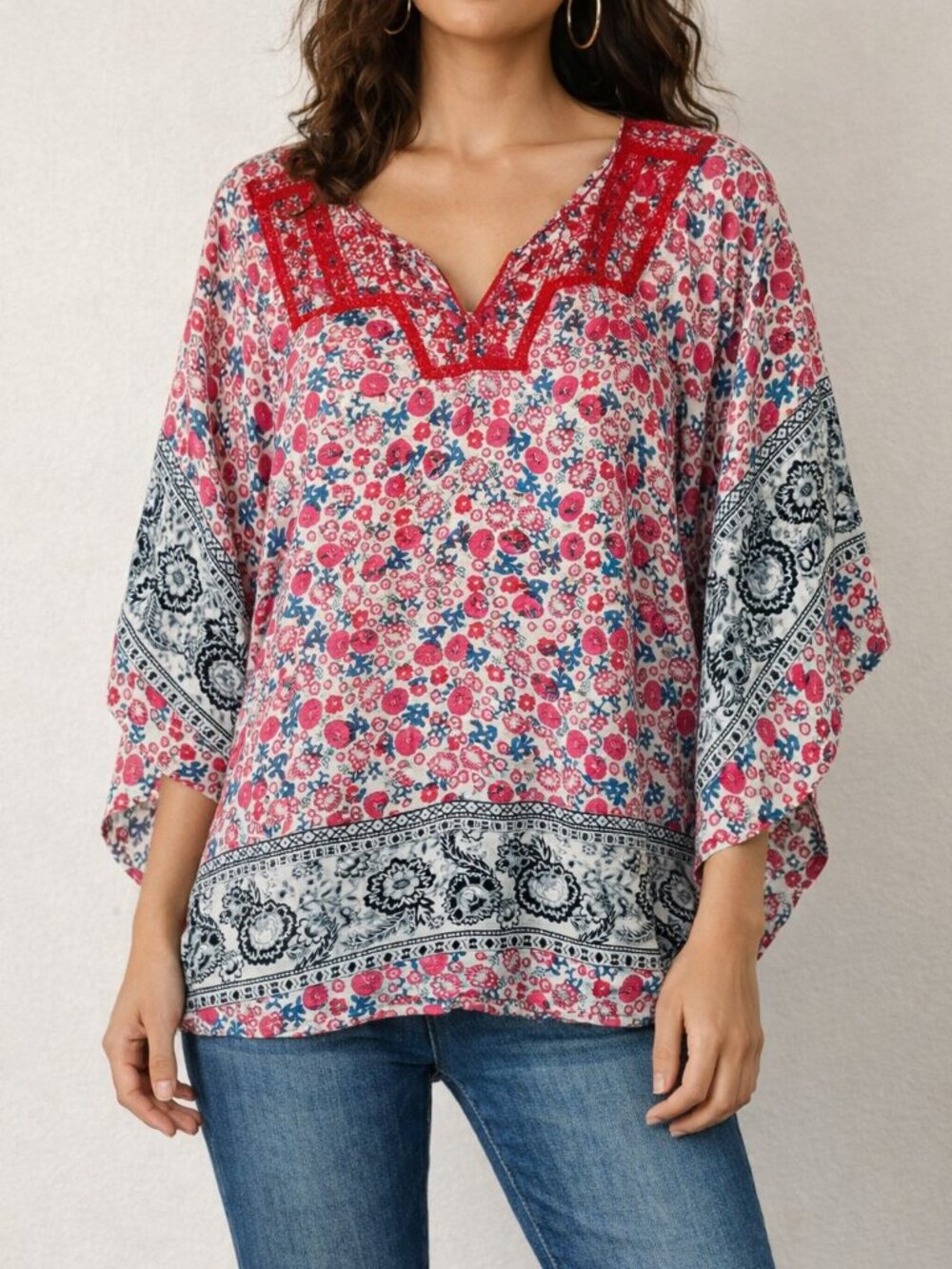 Embroidered Bohemian Floral Split-Neck Tunic in Pink and Teal